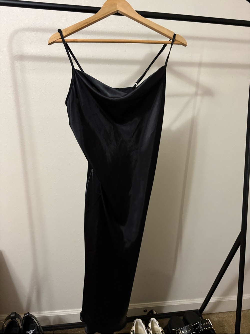 bebe Black Satin Cowl-Neck Maxi Slip Dress
